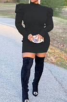 Autumn Winter Fashion Street Color Matching Individuality Fleece Bubble Shoulder Sleeve Dress BLE2185