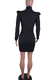 Autumn Winter Fashion Street Color Matching Individuality Fleece Bubble Shoulder Sleeve Dress BLE2185