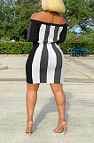 Sexy Striped Long Sleeve Off Shoulder Spliced Mini Dress SH7225