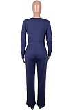 Casual Basics Simplee Long Sleeve Round Neck Waist Tie Wide Leg Jumpsuits MOM5059