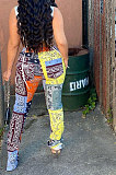 Contrast Color Patchwork Paisley Element Printing Slit At The Bottom Casual Pants FH112