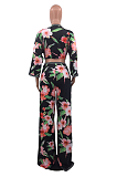 Casual Sexy Floral Long Sleeve V Neck Spliced Tee Top Wide Leg Pants Sets OH3776