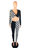 Sexy Colorblock Gingham Long Sleeve V Neck Spliced Long Pants Sets OH3669