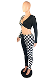 Sexy Colorblock Gingham Long Sleeve V Neck Spliced Long Pants Sets OH3669