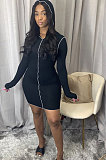 Fashion Pure Color Package Hip Skirt Long Sleeve Mid Waist Socket Head Dress WY6717