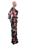 Casual Sexy Floral Long Sleeve V Neck Spliced Tee Top Wide Leg Pants Sets OH3776