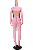 Sexy Long Sleeve Halterneck Round Neck Self Belted Tee Top Long Pants Sets MMG8036