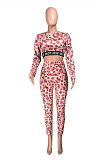 Sexy Leopard Long Sleeve Round Neck Crop Top Long Pants Sets MMG1023