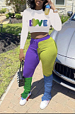 Street Style Letter Long Sleeve Round Neck Shirred Detail Crop Top Long Pants Sets MMG1025