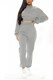 Casual Long Sleeve Round Neck Shirred Detail Fluffing Crop Top Long Pants Sets MMG8038