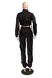 Casual Long Sleeve Round Neck Shirred Detail Fluffing Crop Top Long Pants Sets MMG8038