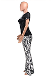 Casual Striped Letter Short Sleeve Round Neck Wide Leg Pants Sets MMG1004