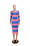 Night Out Sexy Polyester Striped Long Sleeve Off Shoulder Long Dress MMG1026