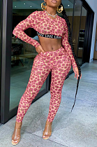 Sexy Leopard Long Sleeve Round Neck Crop Top Long Pants Sets MMG1023