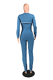 Navy Sexy Polyester Long Sleeve V Neck Spliced Bodycon Jumpsuit MMG1028
