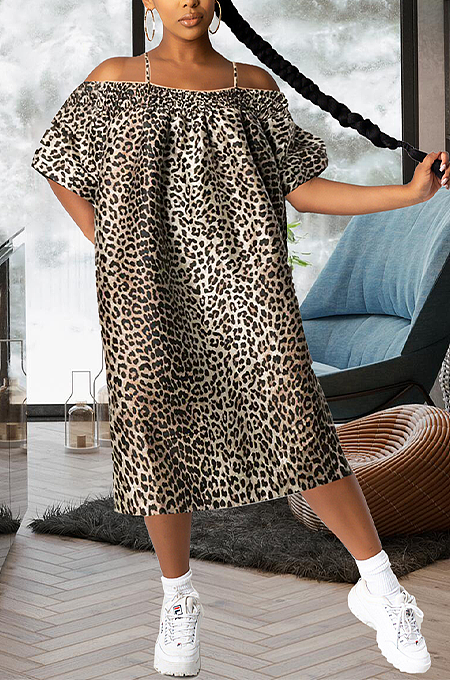 Street Style Polyester Leopard Short Sleeve Cold Shoulder Shift Dress MMG2010