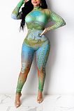 Sexy Tie Dye Dollar Graphic Long Sleeve Round Neck Bodycon Jumpsuit SDD9503