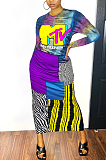 Elegant Colorblock Pop Art Print Long Sleeve Round Neck Long Dress ML7397