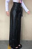 PU High Waist Casual Zipper A Belt Pants D8392
