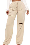 Pure Color Hole Fashion Casual Sport Pants WA7105