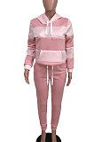 Pink Casual Polyester Striped Long Sleeve Waist Tie Hoodie Long Pants Sets OMY5172