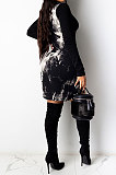 Long Sleeve Round Neck High Waist Printing Slit Short Skirt Dress YF8806