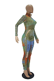 Sexy Tie Dye Dollar Graphic Long Sleeve Round Neck Bodycon Jumpsuit SDD9503
