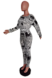 Casual Paper Graphic Long Sleeve Boat Neck Tee Top Long Pants Sets F8312