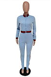 Casual Fashionable Webbing Thread Long Sleeve Round Neck Spliced Long Pants Sets F8304