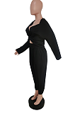 Casual Long Sleeve V Neck Bow Double Sided Hoodie Wide Leg Pants Sets F8311