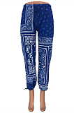 Casual Polyester Cashew Printing Self Belted Waist Tie Long Pants CYY8035