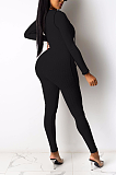 Sexy Polyester Long Sleeve V Neck Self Belted Eyelet Bodycon Jumpsuit W8344