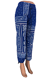 Casual Polyester Cashew Printing Self Belted Waist Tie Long Pants CYY8035