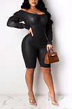 Casual Sexy One Word Shoulder Zippers Pu Leather Long Sleeve Shorts Jumpsuit W8340
