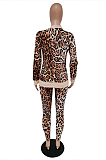 Casual Leopard Long Sleeve V Neck Spliced Jacket Long Pants Sets F8307