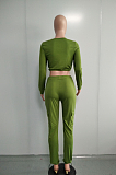Street Style Long Sleeve Round Neck Flat Pocket Crop Top Long Pants Sets A8581