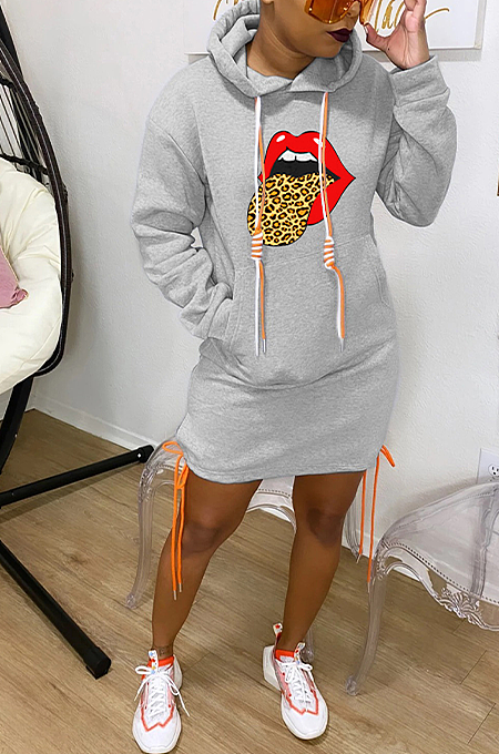Casual Simplee Mouth Graphic Long Sleeve Hoodie Dress LM1058