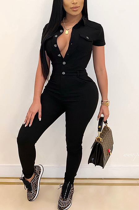 Casual Sexy Simplee Short Sleeve Lapel Neck Bodycon Jumpsuit JLX8904