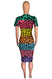 Multi Modest Sexy Leopard Short Sleeve Round Neck Midi DressMMS8017