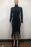 Sexy Pure Color Dress Skirt Long Sleeve Cultivate One's Morality Tassel Dress AMM8295