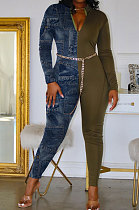 Sexy Imitation Jeans Spliced Zipper Mid Waist Jumpsuits No Belt CYY8052