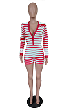 Casual Simplee Striped Long Sleeve Deep V Neck Romper Shorts N9258