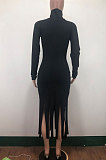 Sexy Pure Color Dress Skirt Long Sleeve Cultivate One's Morality Tassel Dress AMM8295