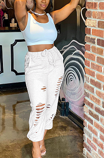 Casual Sporty Elastic Waist Waist Tie Ripped Pants ALS227
