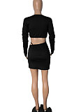 Sexy Long Sleeve Shirred Detail Midriff Pure Color Skirts Sets CY1285
