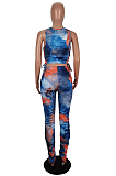 Modest Sexy Tie Dye Scoop Neck Shirred Detail Tank Top Long Pants Sets LS6392