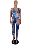 Modest Sexy Tie Dye Scoop Neck Shirred Detail Tank Top Long Pants Sets LS6392