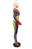 Multi Casual Polyester Pop Art Print Long Sleeve V Neck Jumpsuit MLM9005