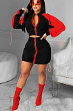 Long Sleeve Spliced Contrast Color Tie Rope Zipper Skirts Sets CY1290