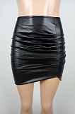 Pure Color Pu Leather Shirred Detail High Waist A Line Skirt LS6397